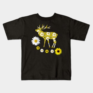 deer of sunflowers and daisies red deer floral pattern Kids T-Shirt